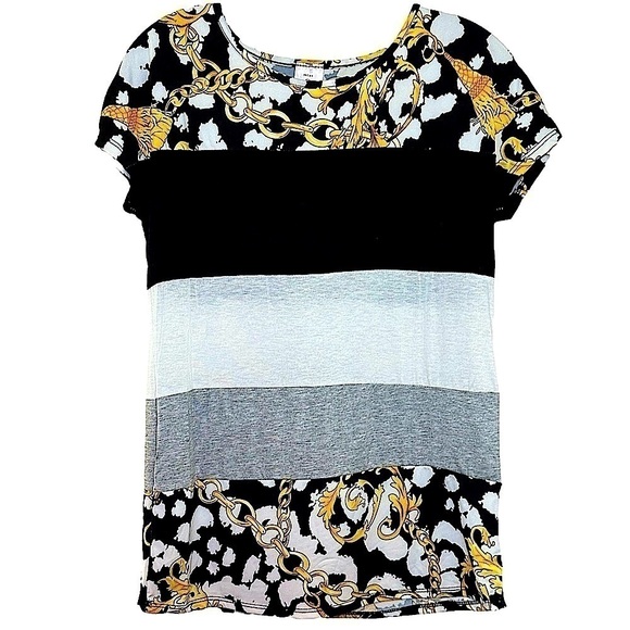 Miss 2 Day Tops - MISS 2 DAY Color Blocked Scoop Neck T-Shirt with Cap Sleeves.